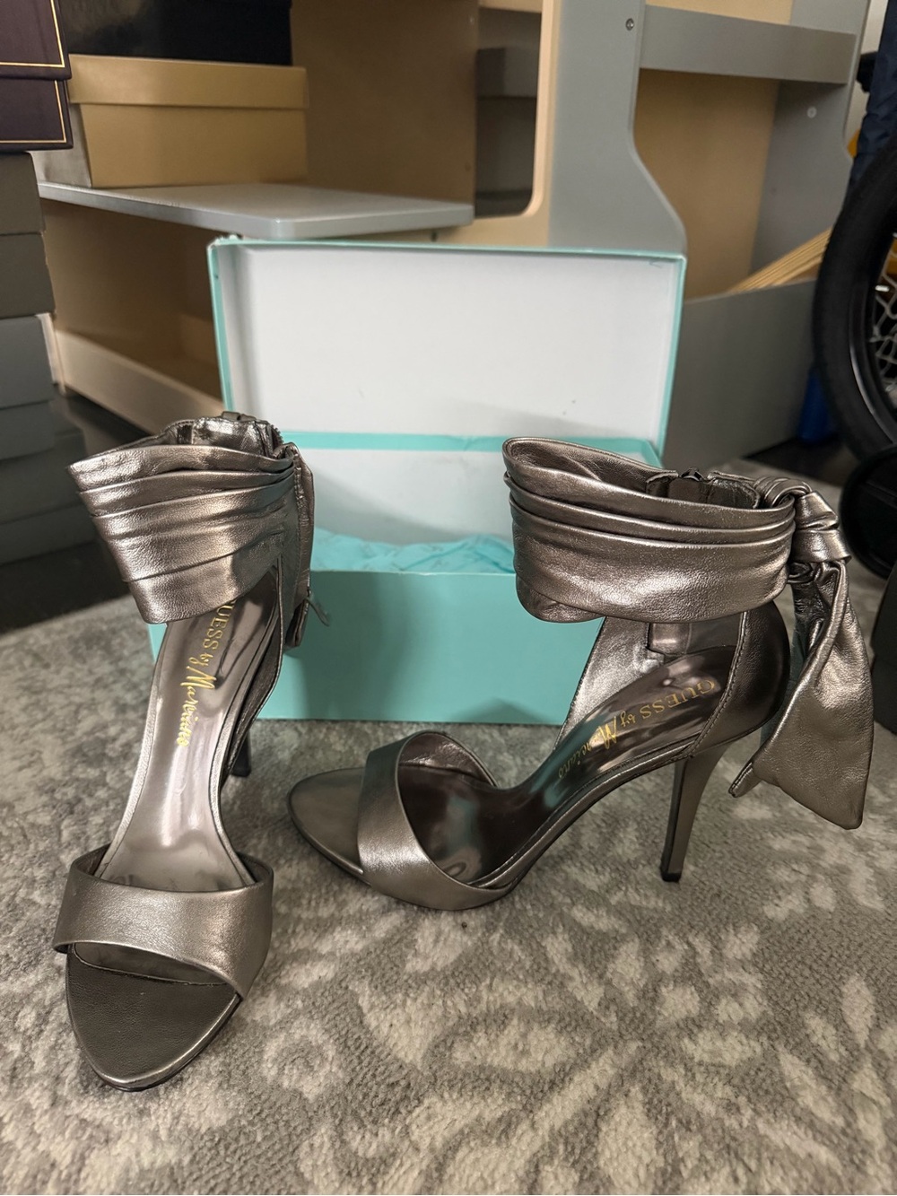 Guess by Marciano Metallic Pewter Ankle-Tie Stiletto Sandals